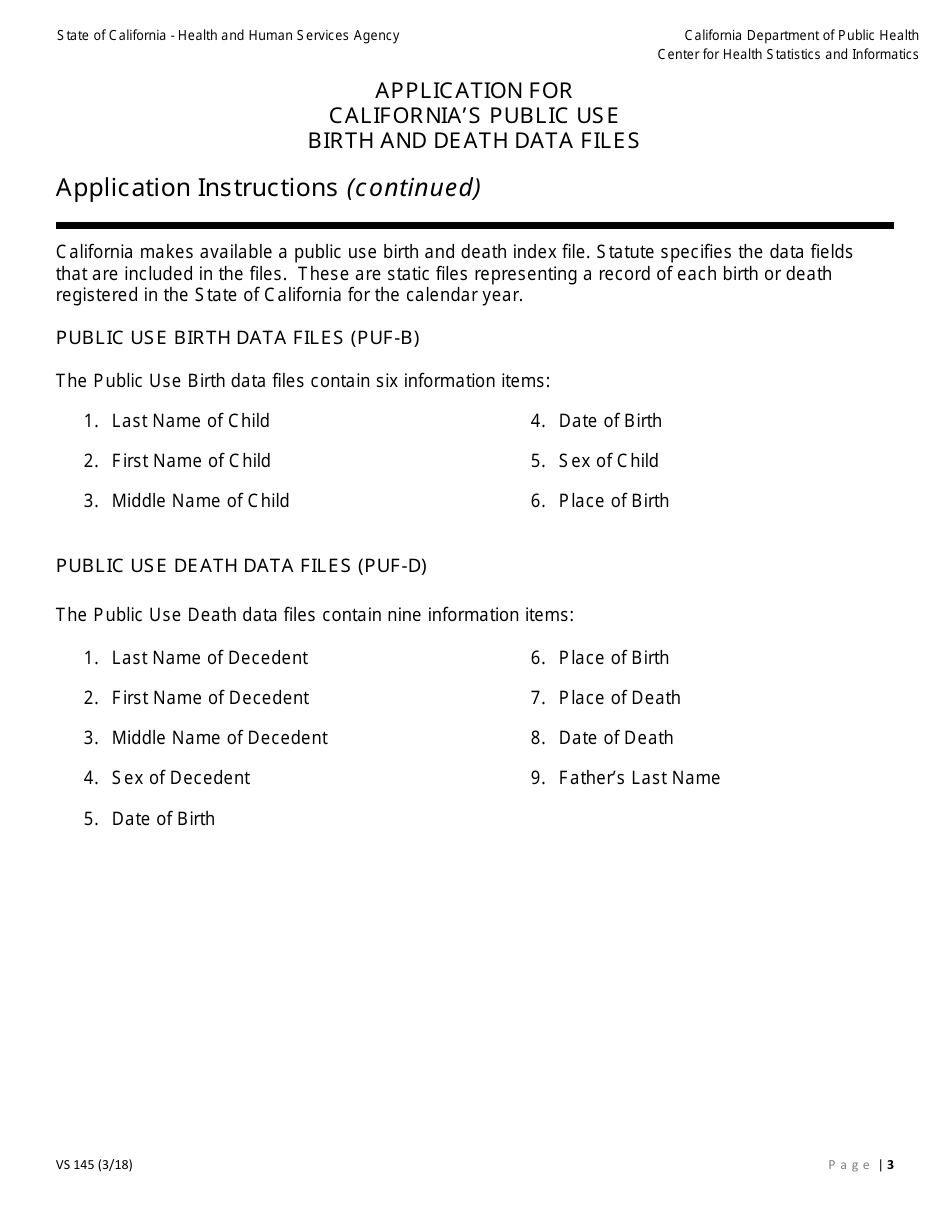 Form VS145 Application for Californias Public Use Birth and Death Data Files - California, Page 3