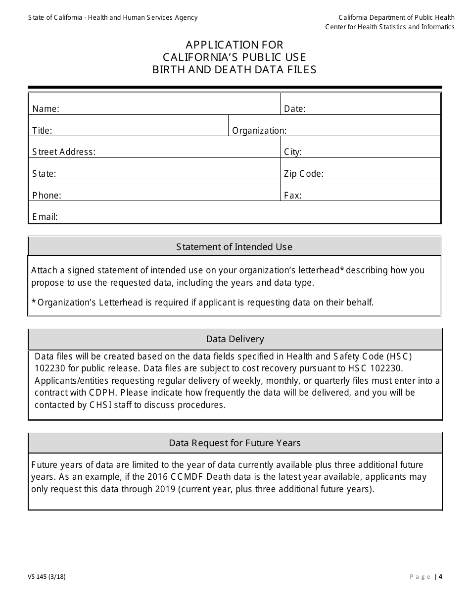 Form VS145 Application for Californias Public Use Birth and Death Data Files - California, Page 4