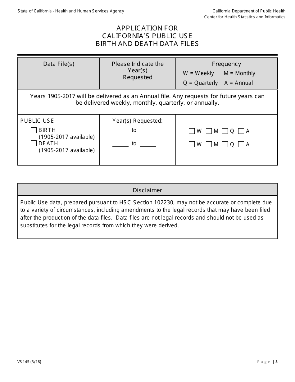Form VS145 Application for Californias Public Use Birth and Death Data Files - California, Page 5