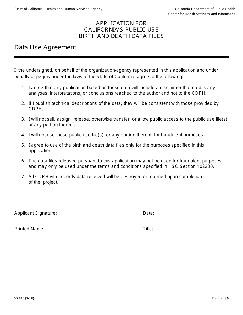 Form VS145 Application for Californias Public Use Birth and Death Data Files - California, Page 6