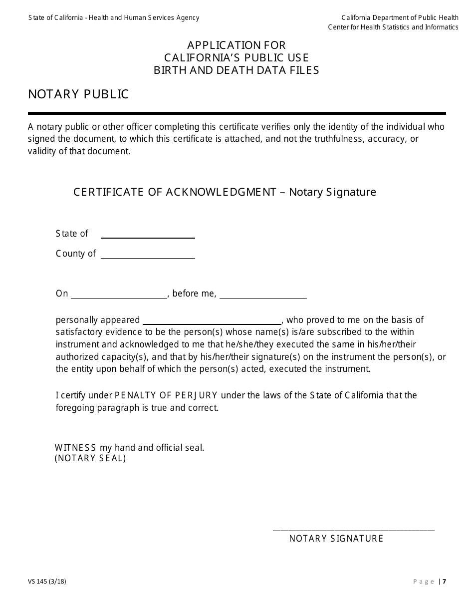 Form VS145 Application for Californias Public Use Birth and Death Data Files - California, Page 7