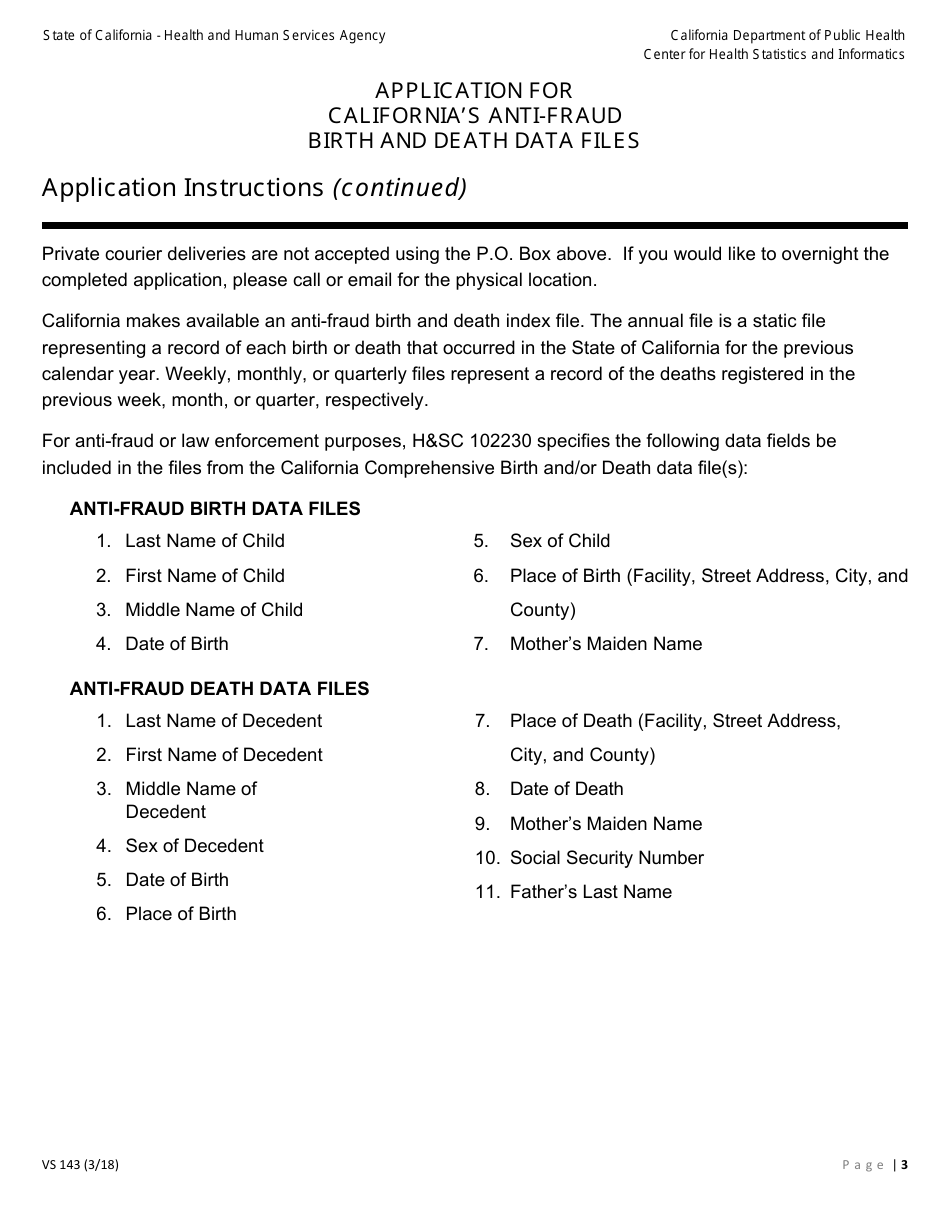 Form VS143 Application for Californias Anti-fraud Birth and Death Data Files - California, Page 3