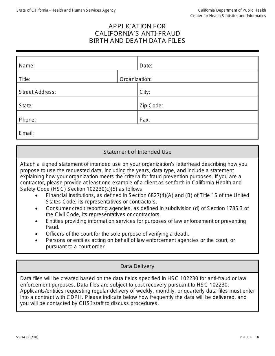 Form VS143 Application for Californias Anti-fraud Birth and Death Data Files - California, Page 4