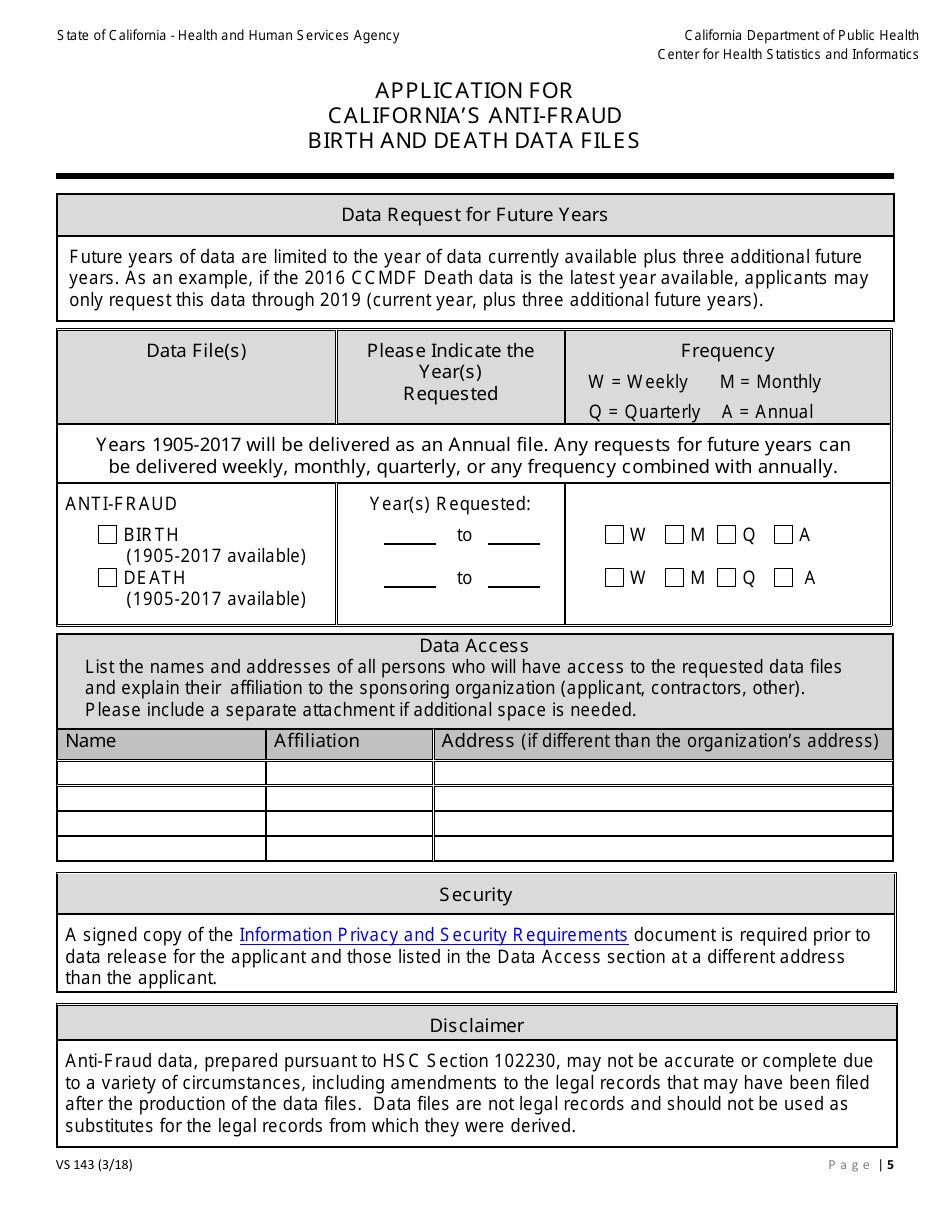 Form VS143 Application for Californias Anti-fraud Birth and Death Data Files - California, Page 5