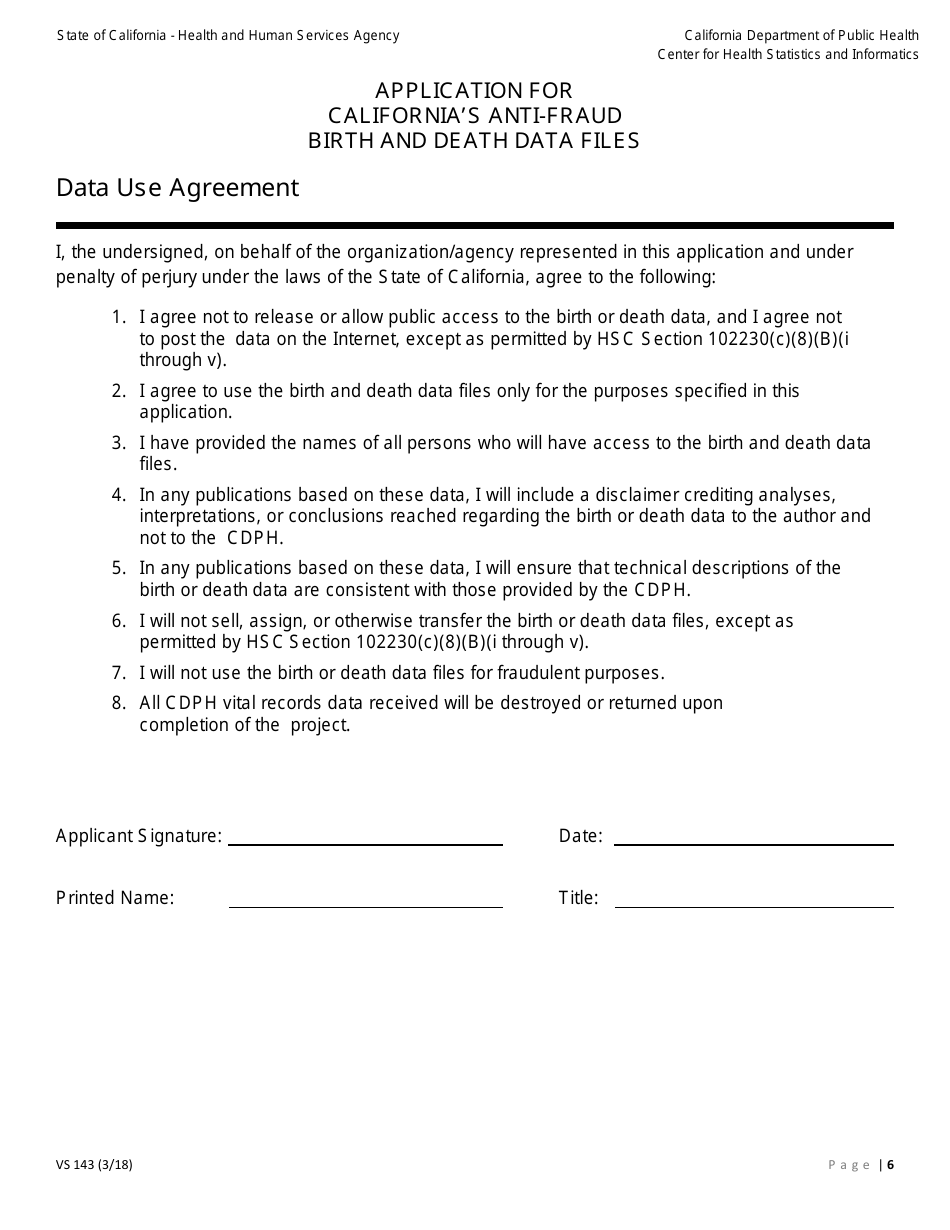 Form VS143 Application for Californias Anti-fraud Birth and Death Data Files - California, Page 6