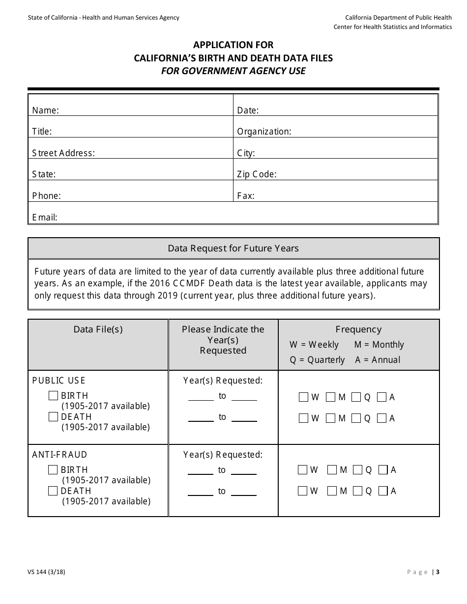 Form VS144 Application for Californias Birth and Death Data Files for Government Agency Use - California, Page 3