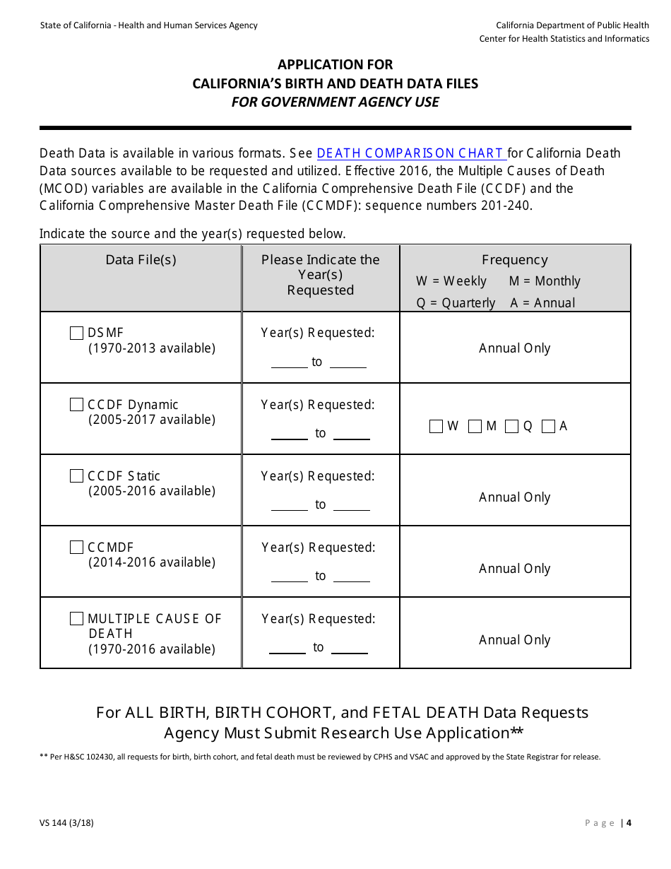 Form VS144 Application for Californias Birth and Death Data Files for Government Agency Use - California, Page 4