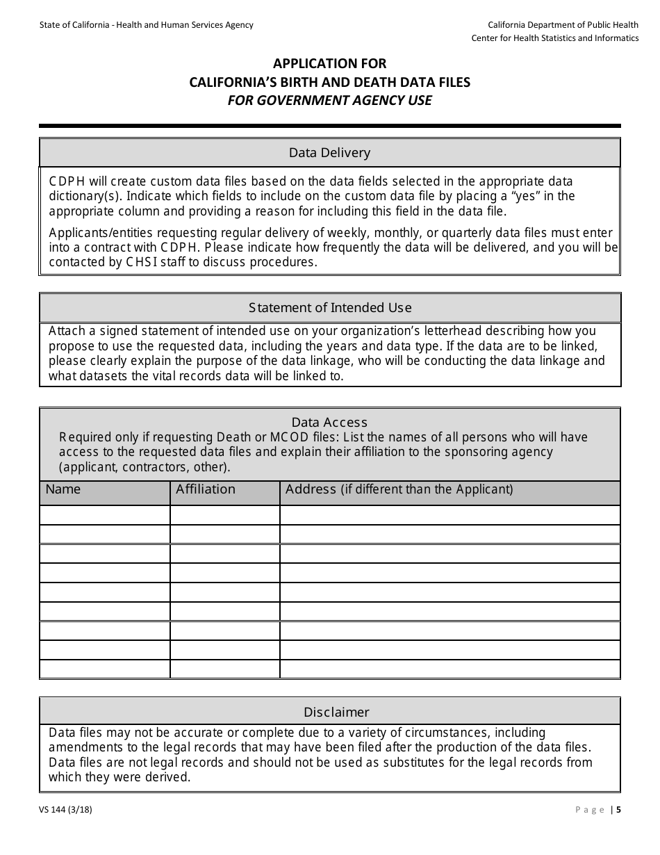 Form VS144 Application for Californias Birth and Death Data Files for Government Agency Use - California, Page 5