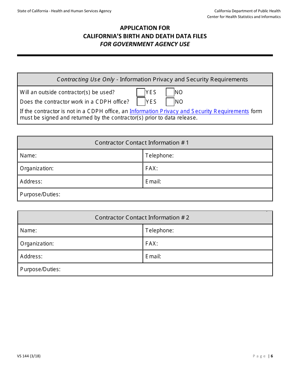 Form VS144 Application for Californias Birth and Death Data Files for Government Agency Use - California, Page 6