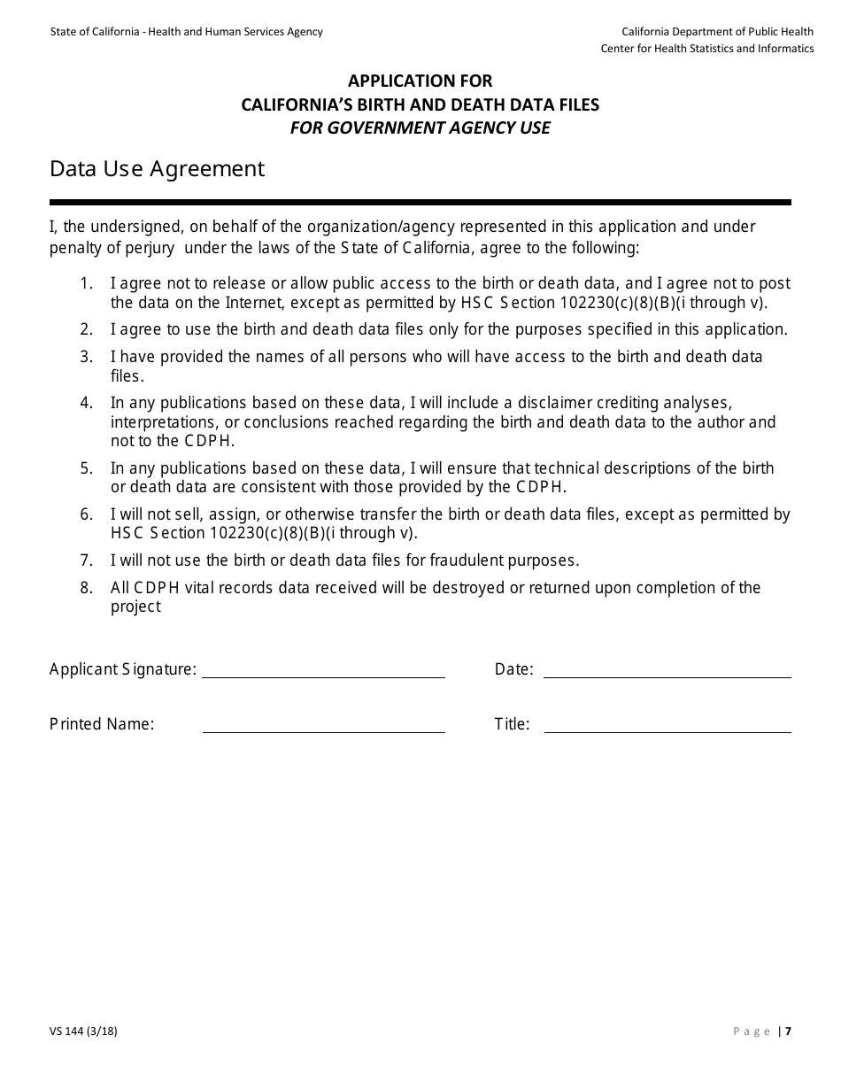 Form VS144 Application for Californias Birth and Death Data Files for Government Agency Use - California, Page 7