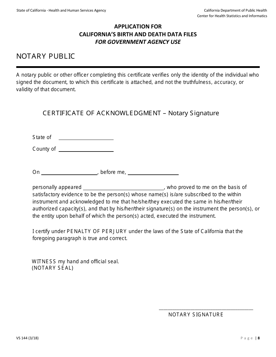 Form VS144 Application for Californias Birth and Death Data Files for Government Agency Use - California, Page 8