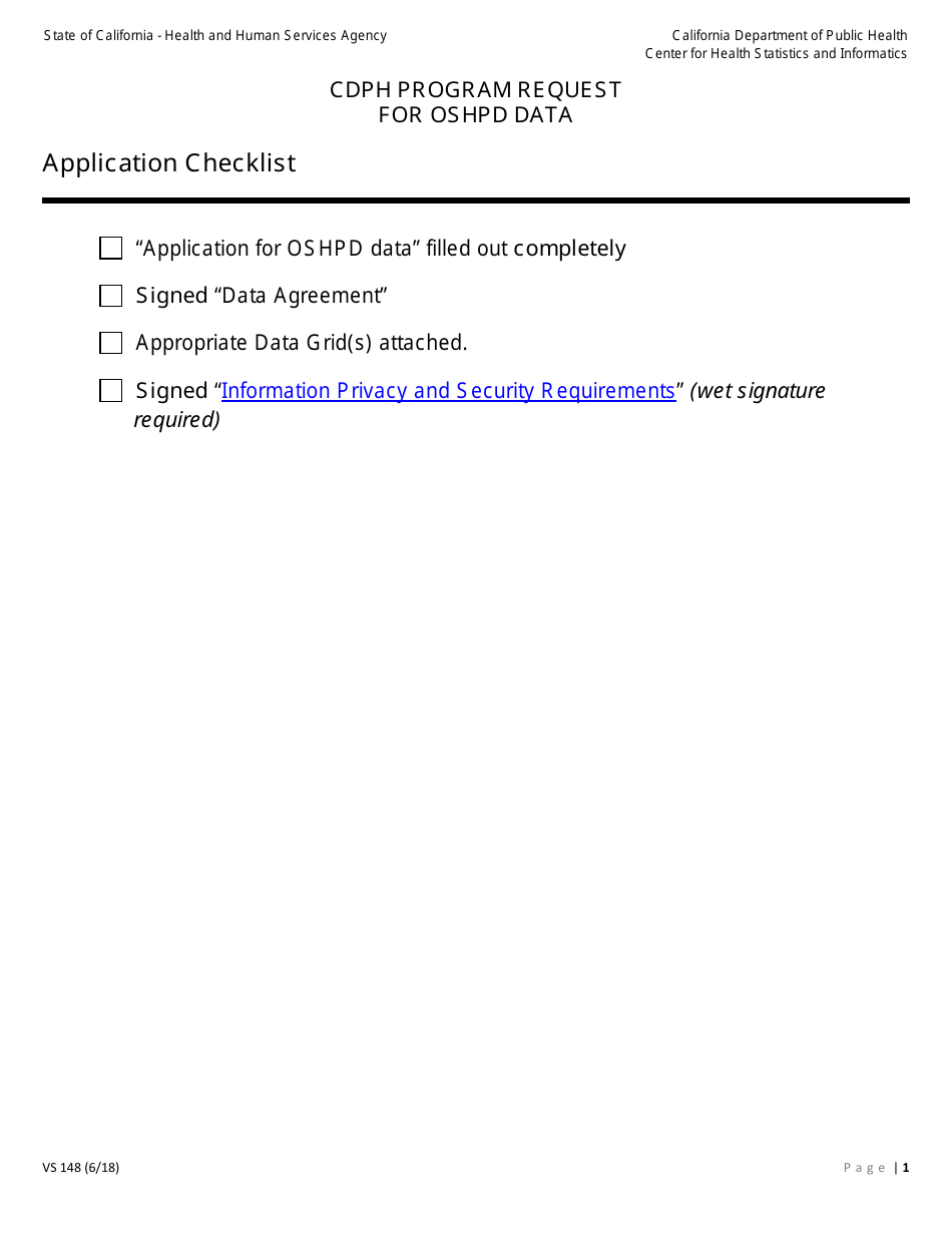 Form VS148 Cdph Program Request for Oshpd Data - California, Page 1