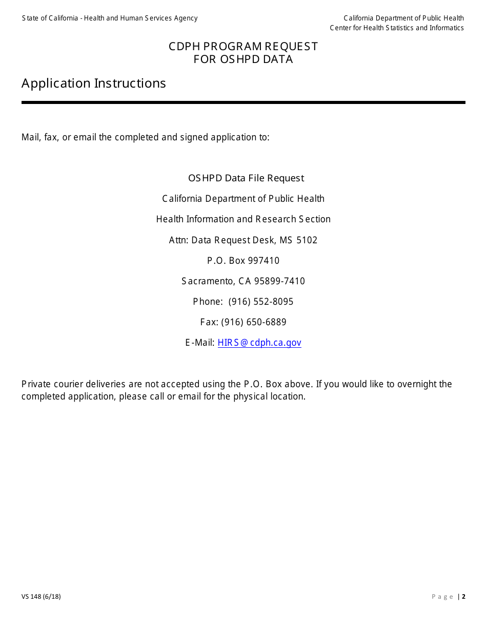 Form VS148 Cdph Program Request for Oshpd Data - California, Page 2