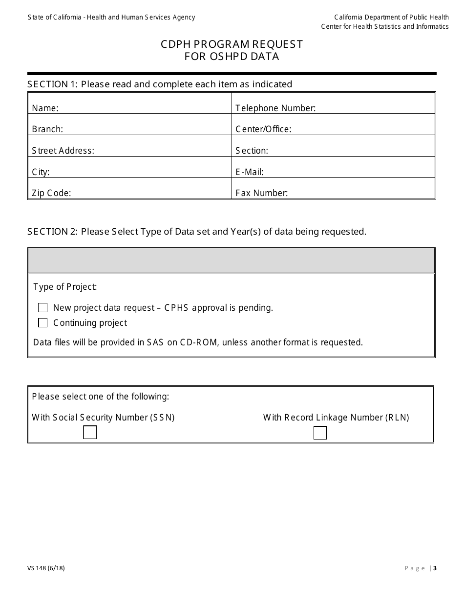 Form VS148 Cdph Program Request for Oshpd Data - California, Page 3