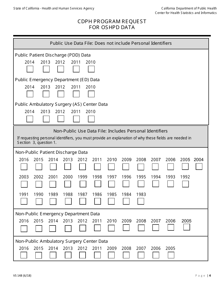 Form VS148 Cdph Program Request for Oshpd Data - California, Page 4