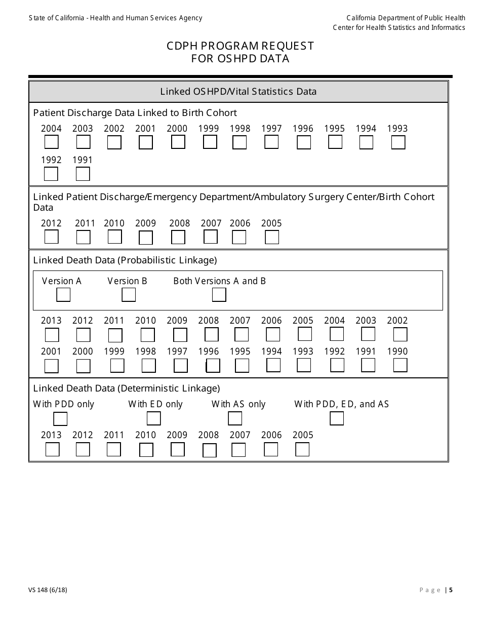 Form VS148 Cdph Program Request for Oshpd Data - California, Page 5