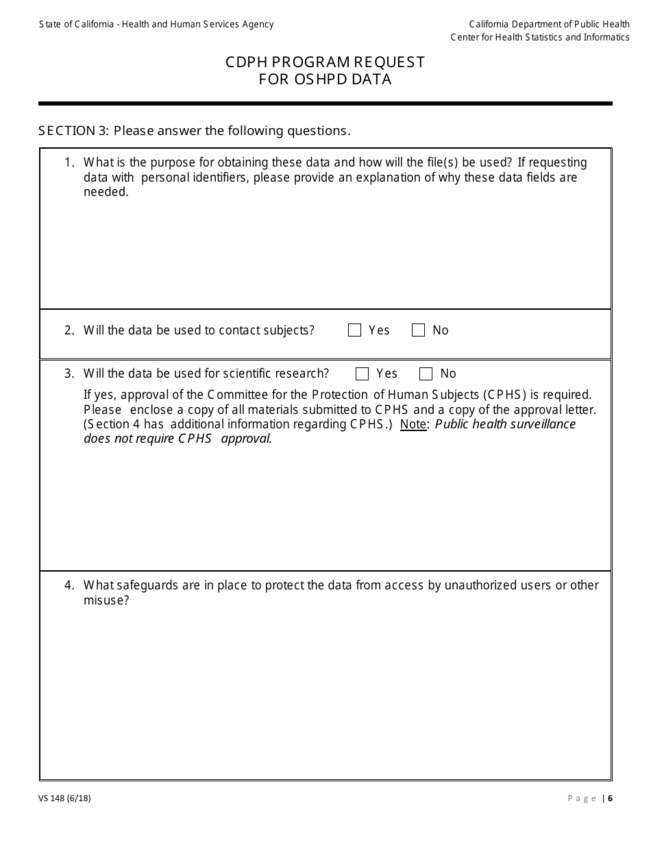 Form VS148 Cdph Program Request for Oshpd Data - California, Page 6
