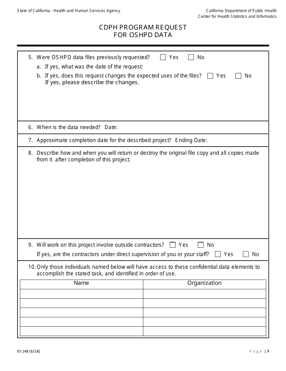 Form VS148 Cdph Program Request for Oshpd Data - California, Page 7