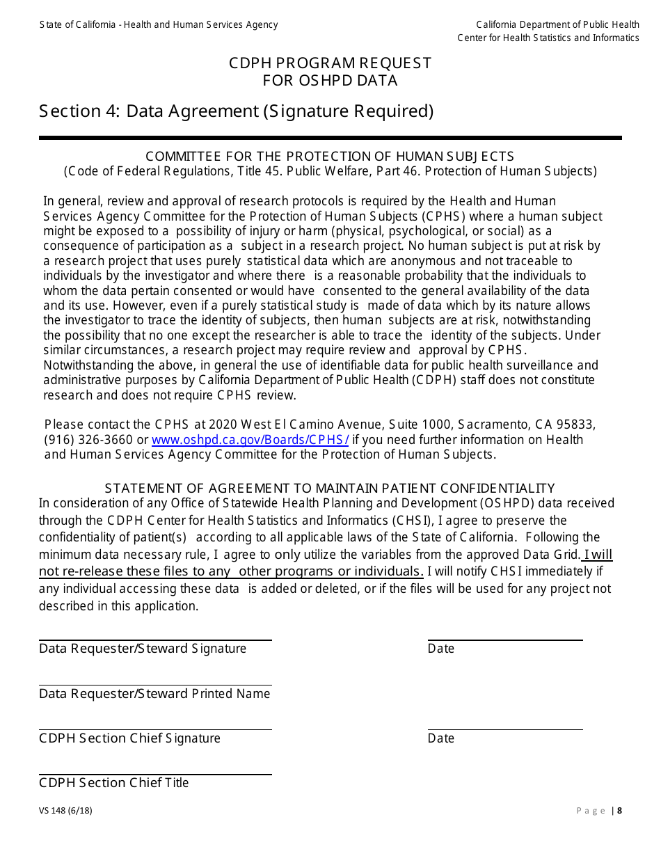Form VS148 Cdph Program Request for Oshpd Data - California, Page 8