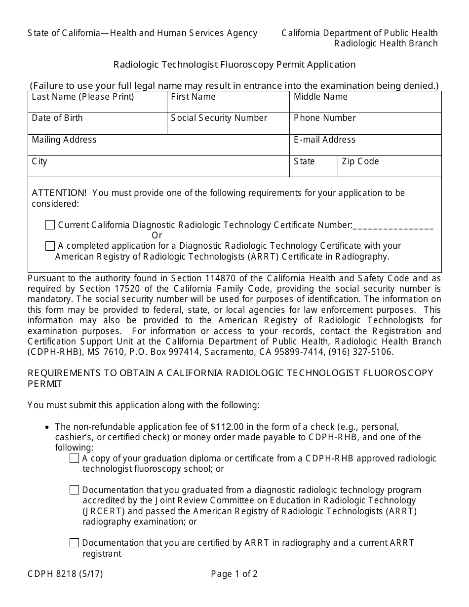Form CDPH8218 Radiologic Technologist Fluoroscopy Permit Application - California, Page 1
