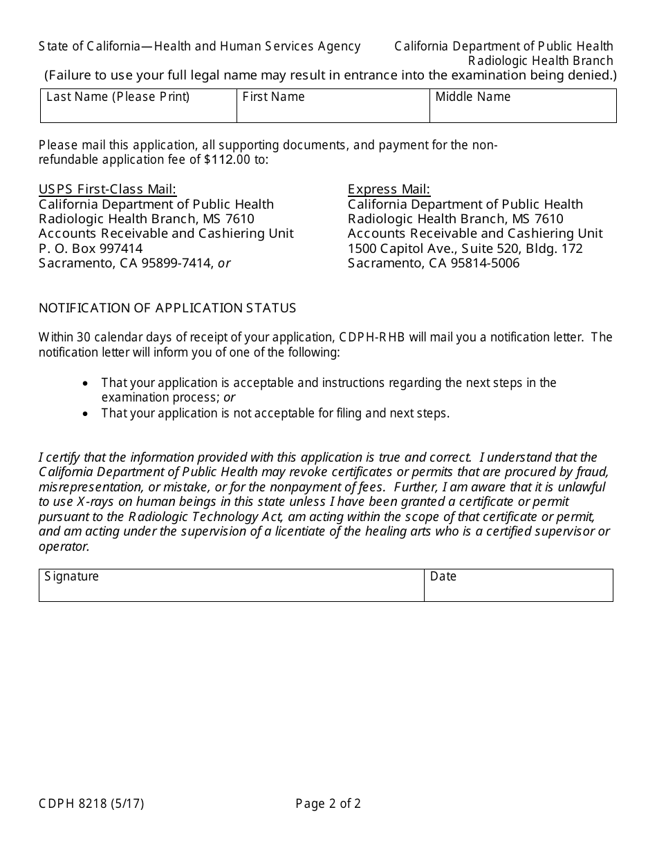 Form CDPH8218 Radiologic Technologist Fluoroscopy Permit Application - California, Page 2