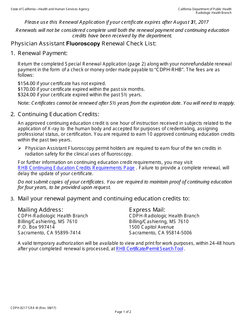 Form CDPH8217 SRA III Special Renewal Application - Physician Assistant Fluoroscopy Permit - California, Page 1