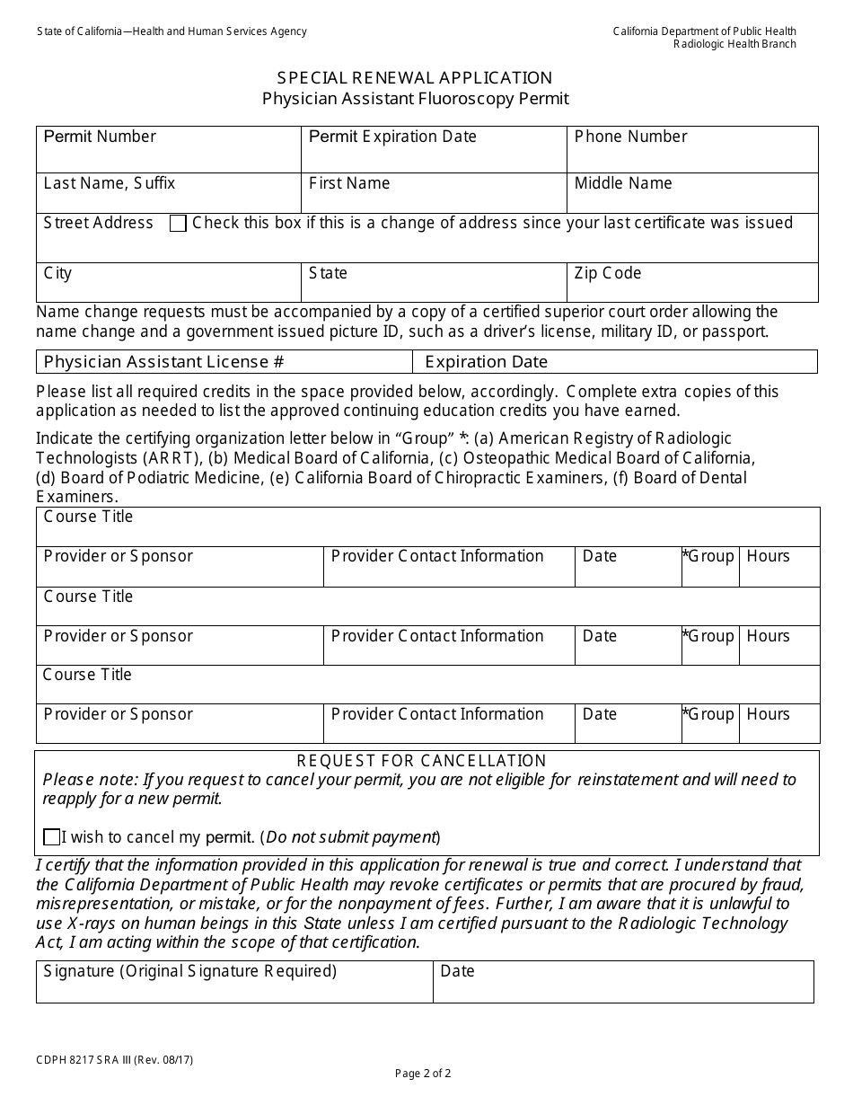 Form CDPH8217 SRA III Special Renewal Application - Physician Assistant Fluoroscopy Permit - California, Page 2