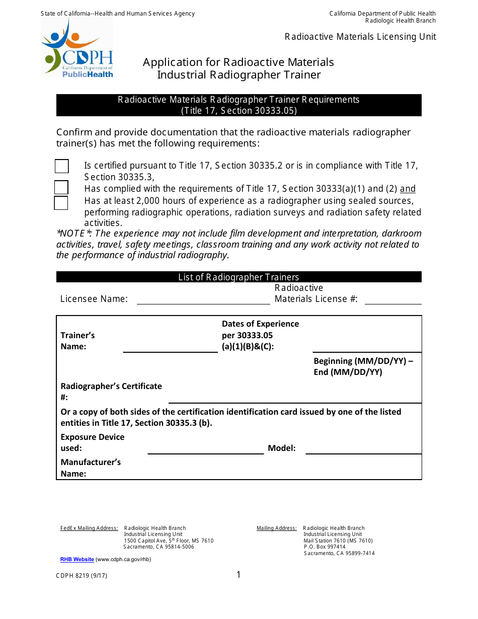 Form CDPH8219 Application for Radioactive Materials - Industrial Radiographer Trainer - California, Page 1