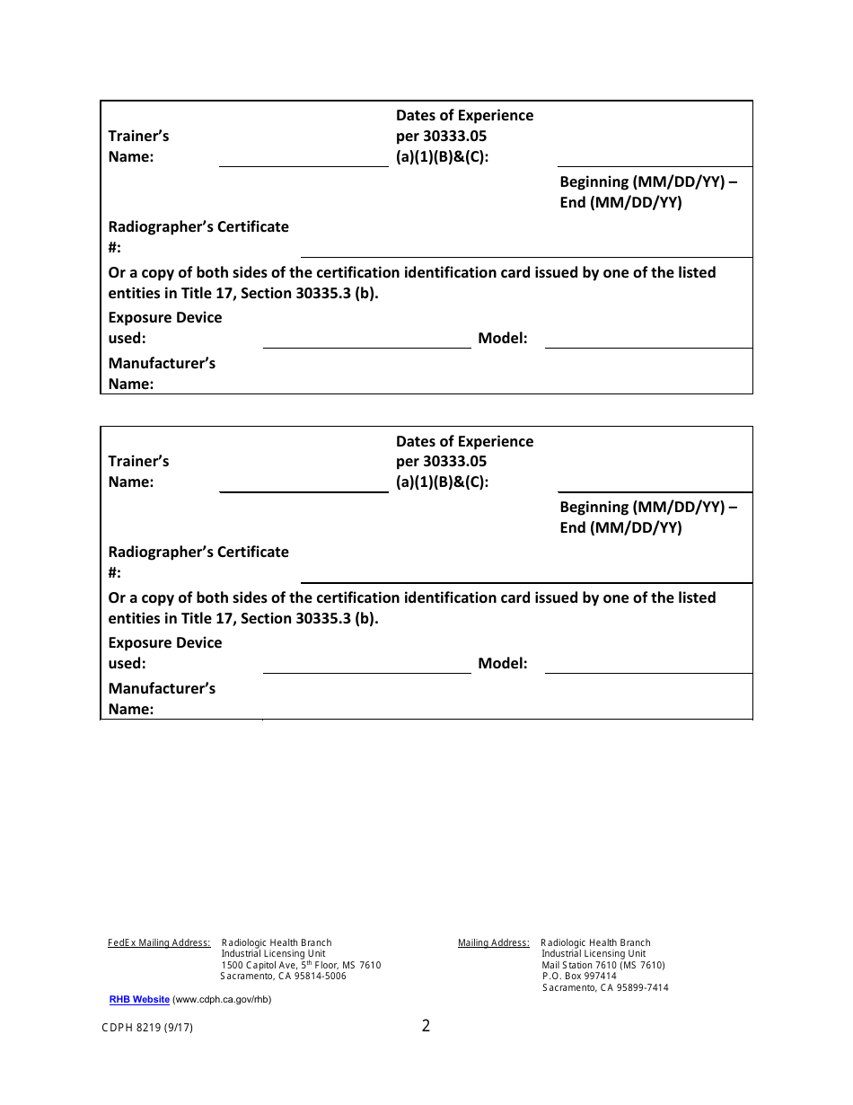 Form CDPH8219 Application for Radioactive Materials - Industrial Radiographer Trainer - California, Page 2