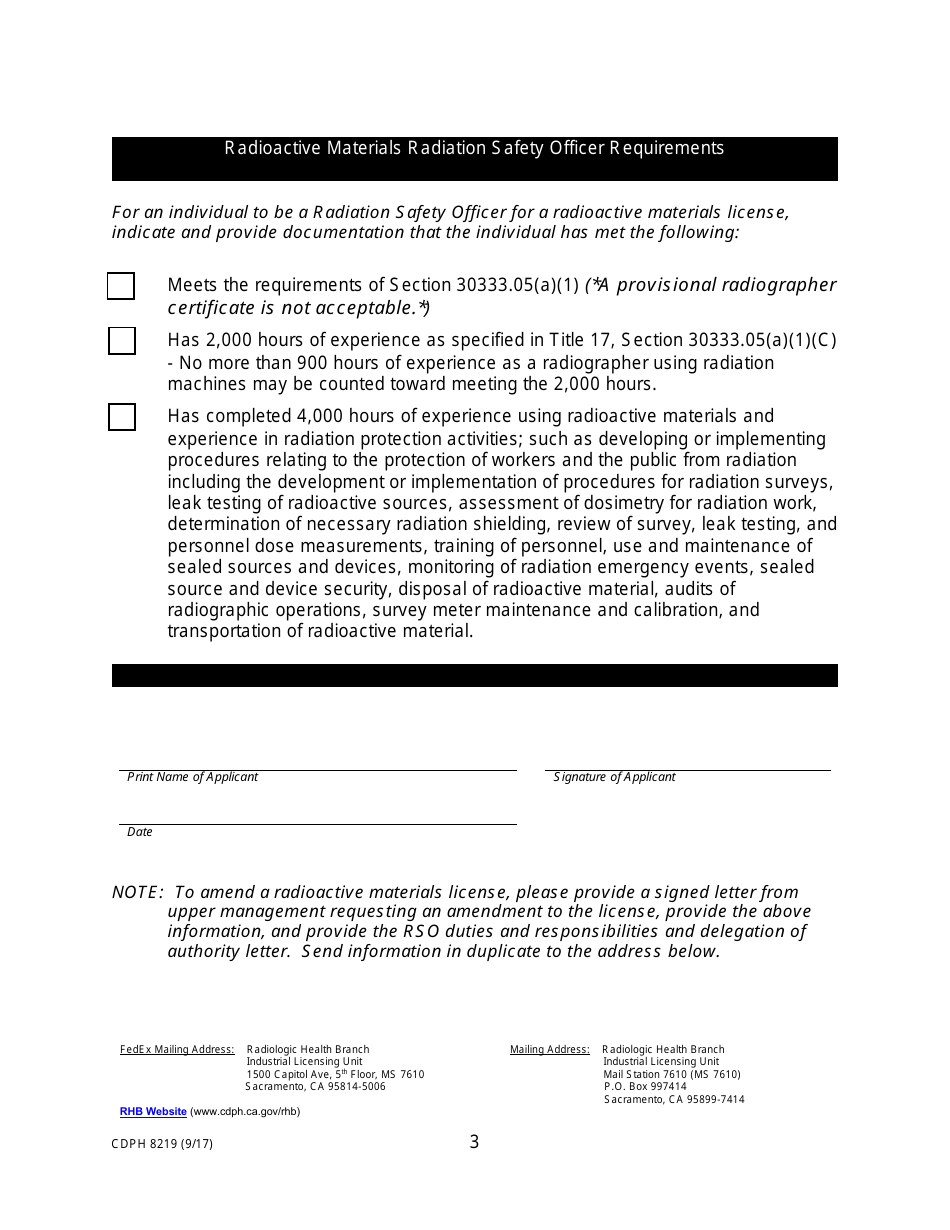 Form CDPH8219 Application for Radioactive Materials - Industrial Radiographer Trainer - California, Page 3