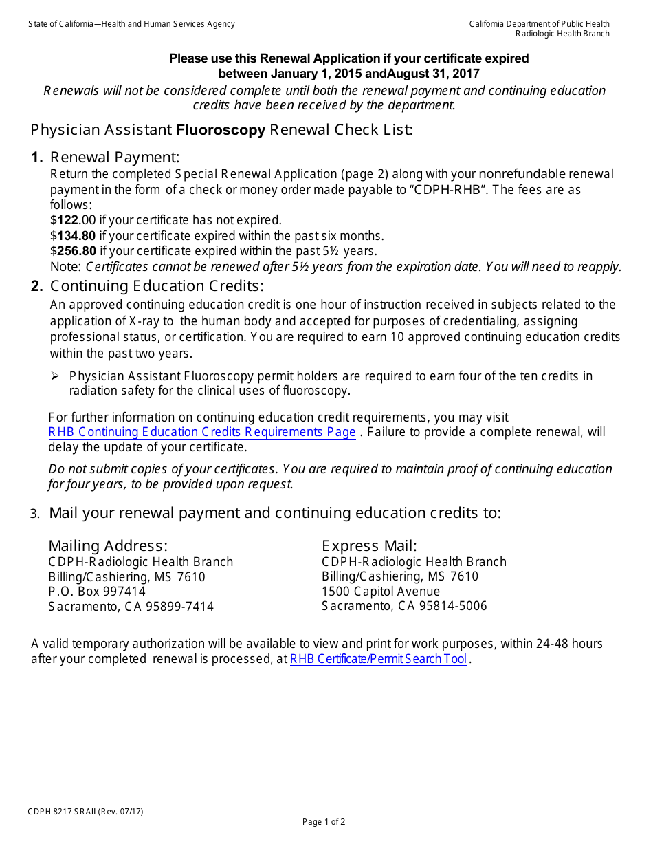 Form CDPH8217 SRA II Special Renewal Application - Physician Assistant Fluoroscopy Permit - California, Page 1