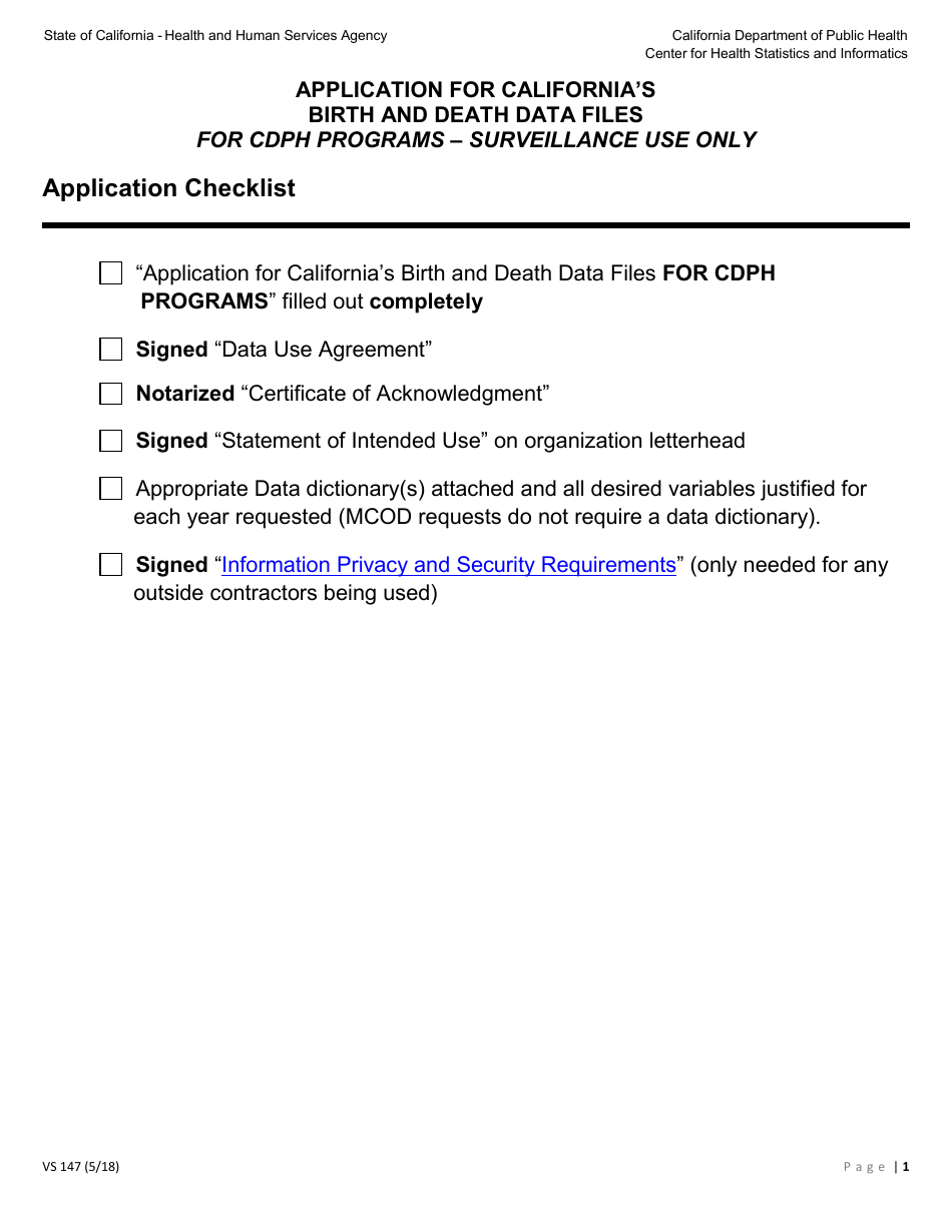 Form VS147 Application for Californias Birth and Death Data Files for Cdph Programs - Surveillance Use Only - California, Page 1