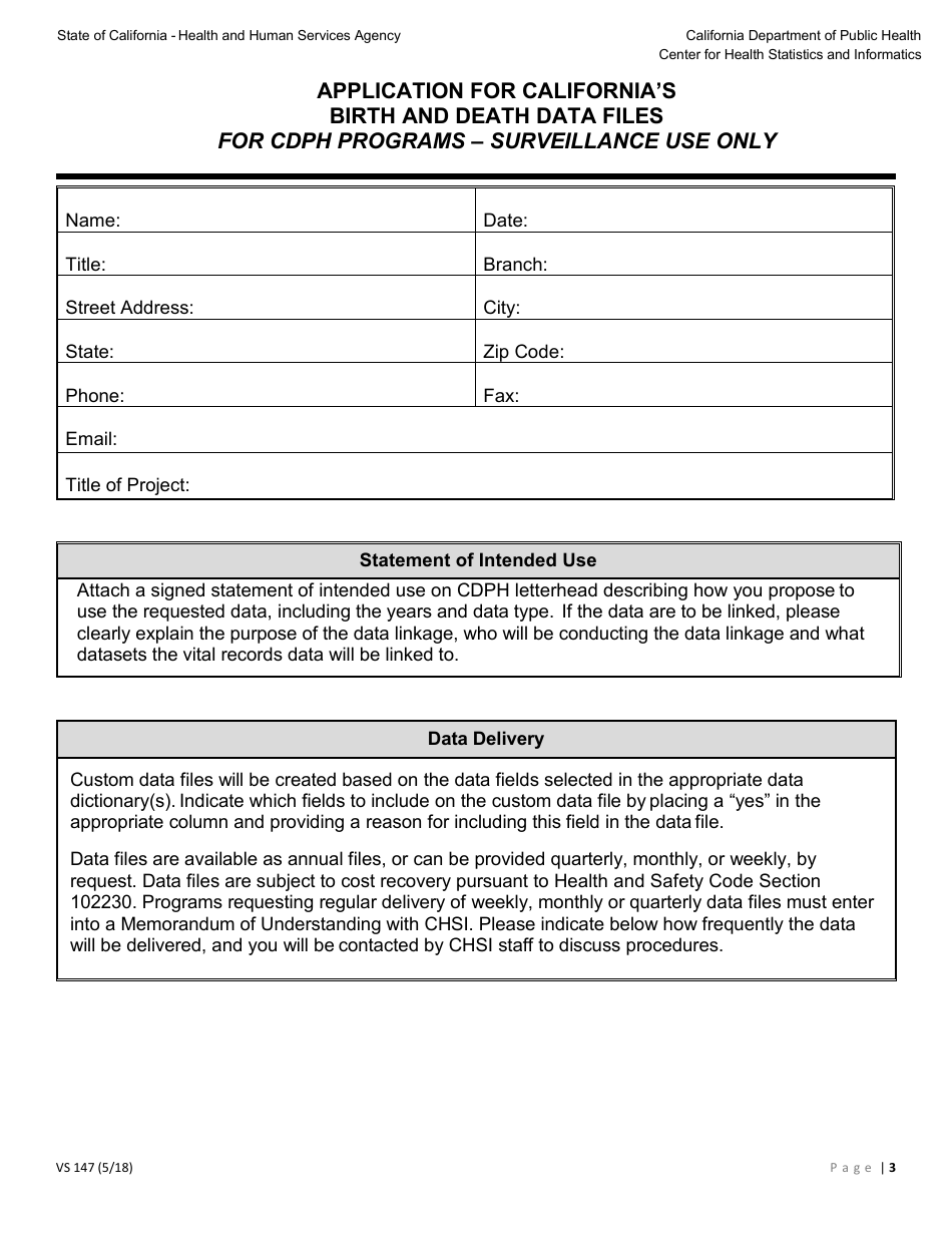 Form VS147 Application for Californias Birth and Death Data Files for Cdph Programs - Surveillance Use Only - California, Page 3