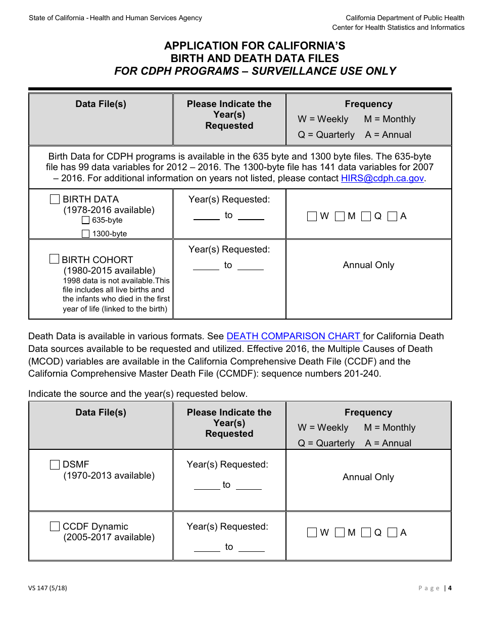 Form VS147 Application for Californias Birth and Death Data Files for Cdph Programs - Surveillance Use Only - California, Page 4