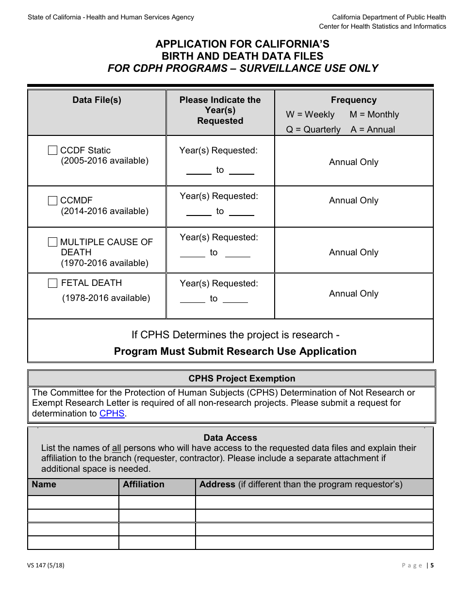 Form VS147 Application for Californias Birth and Death Data Files for Cdph Programs - Surveillance Use Only - California, Page 5