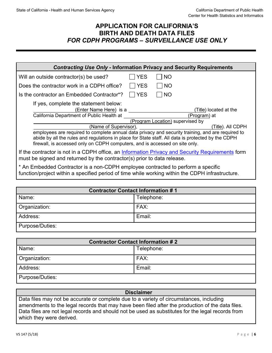 Form VS147 Application for Californias Birth and Death Data Files for Cdph Programs - Surveillance Use Only - California, Page 6