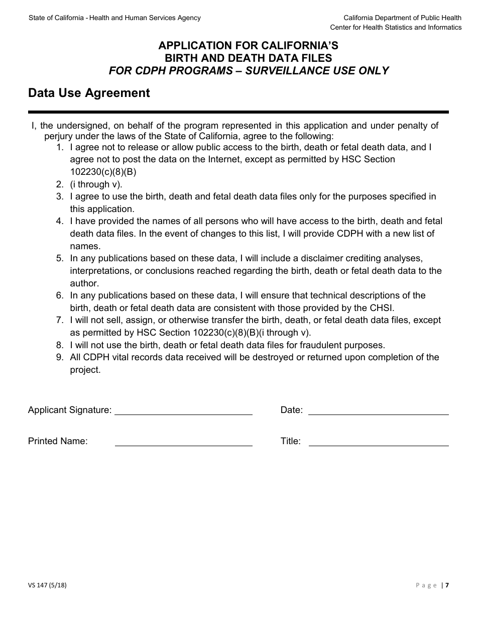 Form VS147 Application for Californias Birth and Death Data Files for Cdph Programs - Surveillance Use Only - California, Page 7