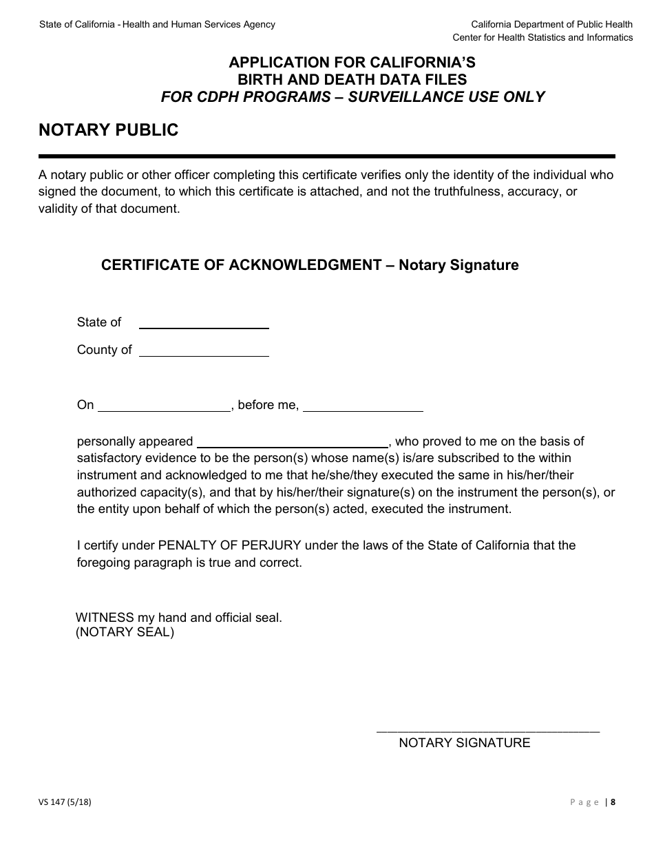 Form VS147 Application for Californias Birth and Death Data Files for Cdph Programs - Surveillance Use Only - California, Page 8