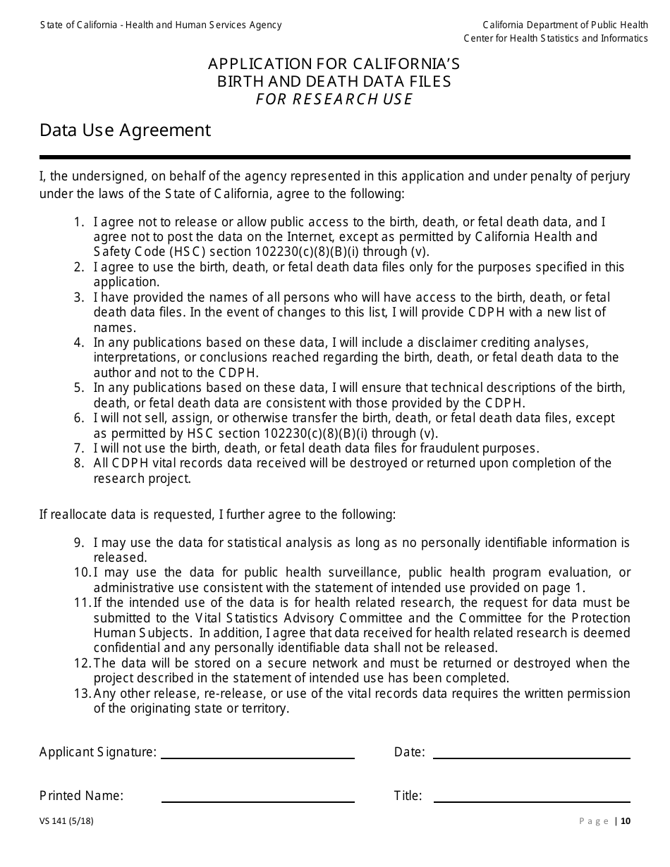 Form VS141 Application for Californias Birth and Death Data Files for Research Use - California, Page 10