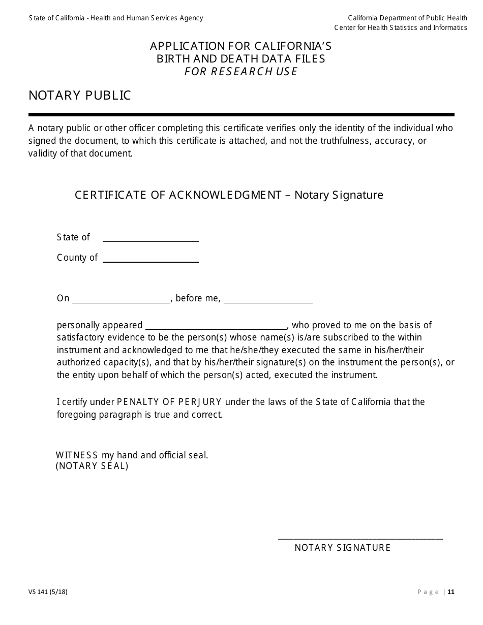Form VS141 Application for Californias Birth and Death Data Files for Research Use - California, Page 11