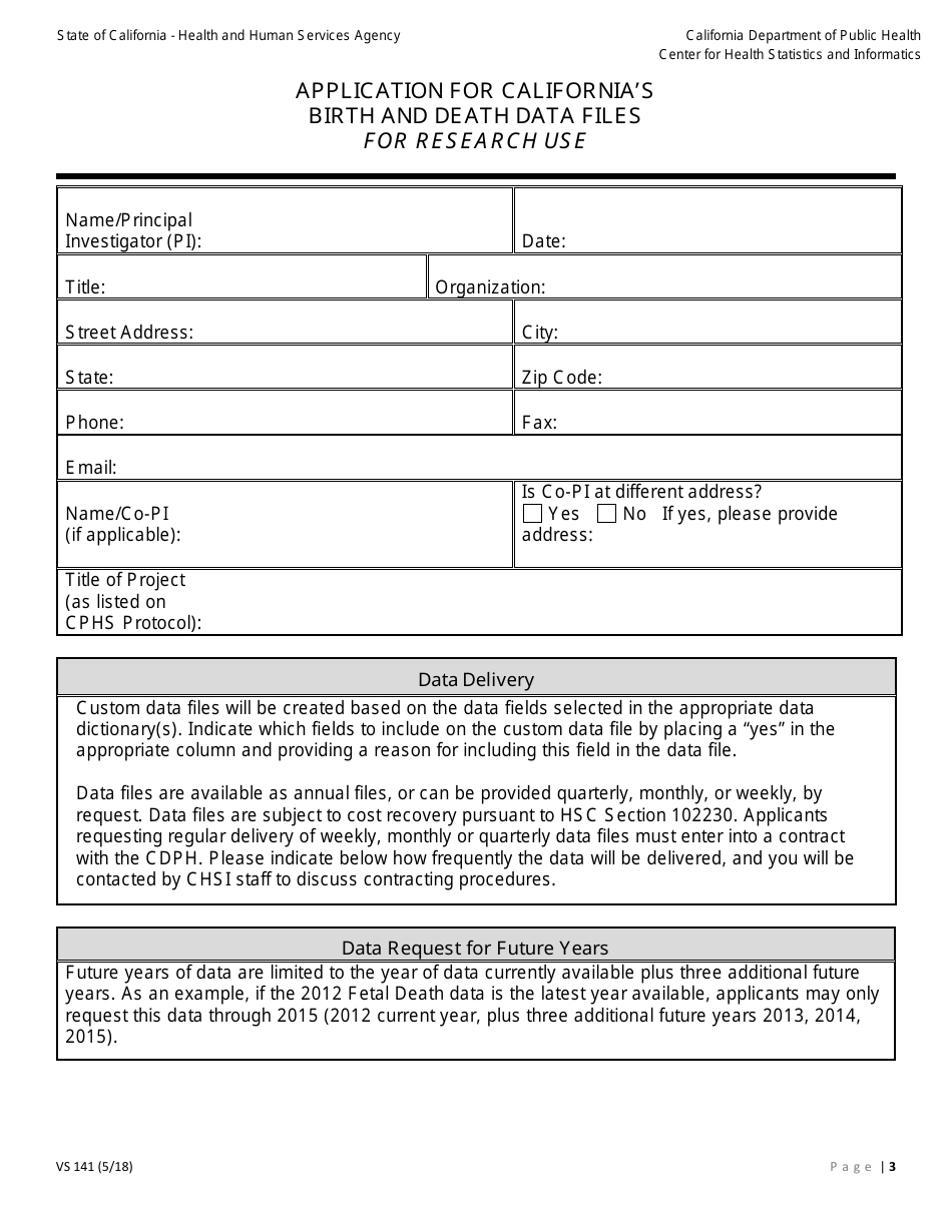 Form VS141 Application for Californias Birth and Death Data Files for Research Use - California, Page 3