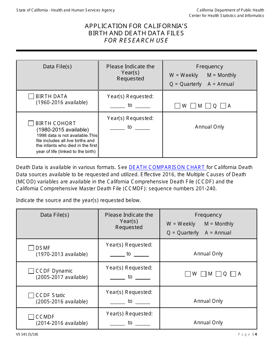 Form VS141 Application for Californias Birth and Death Data Files for Research Use - California, Page 4