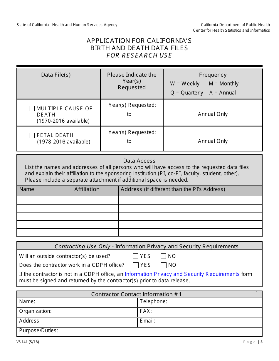 Form VS141 Application for Californias Birth and Death Data Files for Research Use - California, Page 5