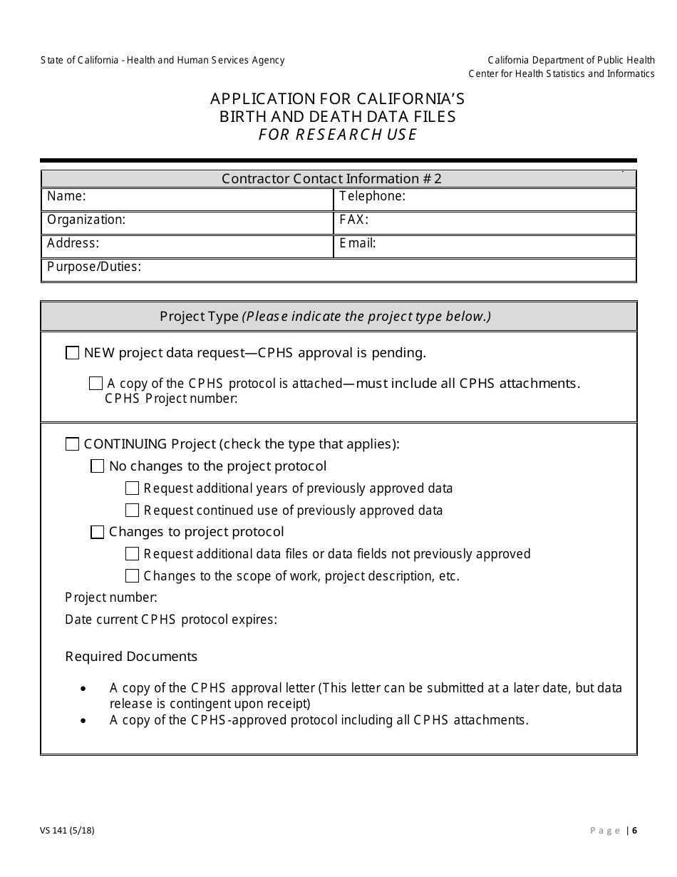 Form VS141 Application for Californias Birth and Death Data Files for Research Use - California, Page 6