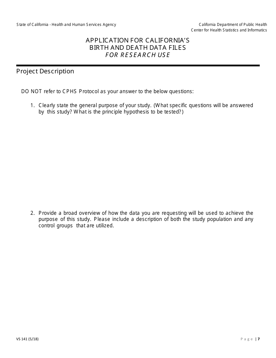 Form VS141 Application for Californias Birth and Death Data Files for Research Use - California, Page 7
