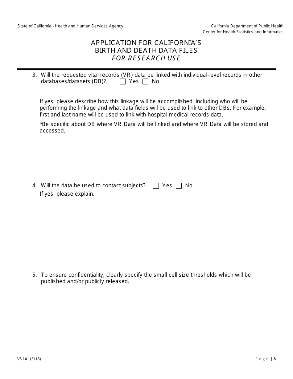 Form VS141 Application for Californias Birth and Death Data Files for Research Use - California, Page 8
