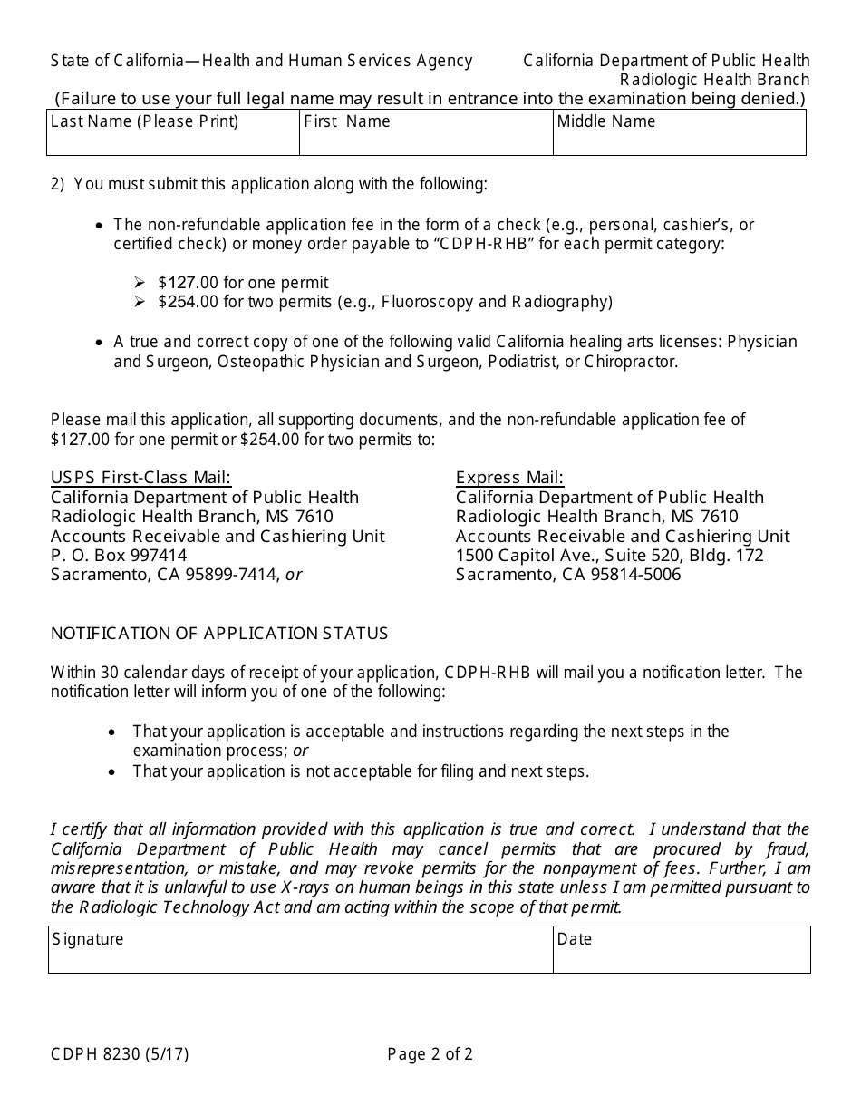 Form CDPH8230 California Licentiate Supervisor and Operator Permit(S) Application - California, Page 2