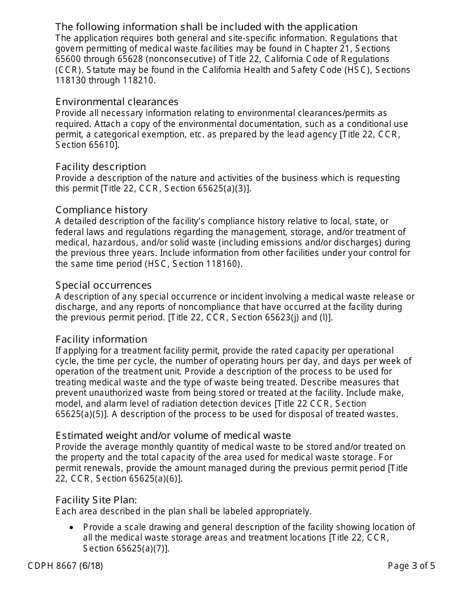 Form CDPH8667 Medical Waste Offsite Transfer Station and Treatment Facility Permit Application - California, Page 3