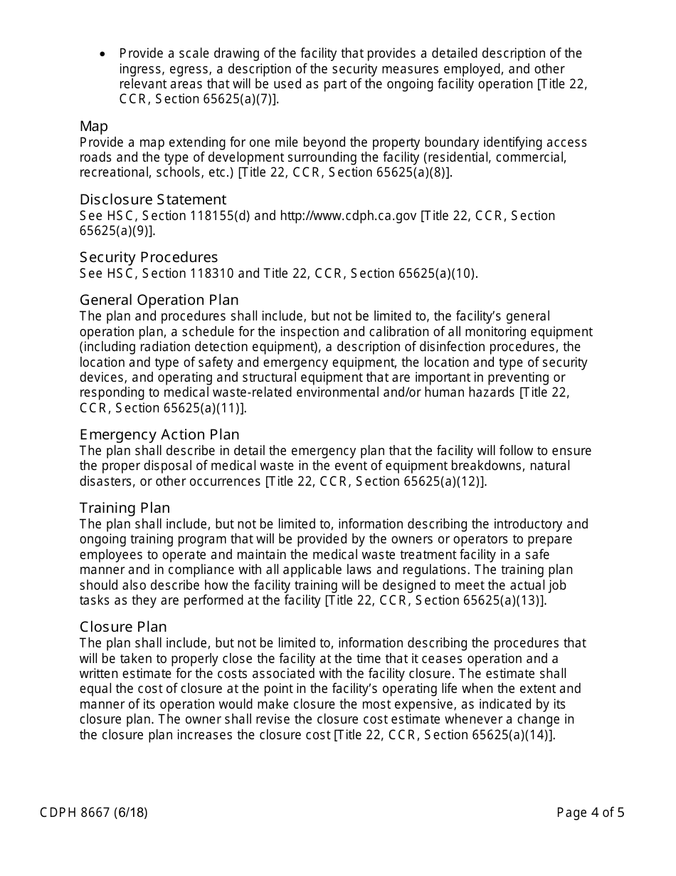 Form CDPH8667 Medical Waste Offsite Transfer Station and Treatment Facility Permit Application - California, Page 4