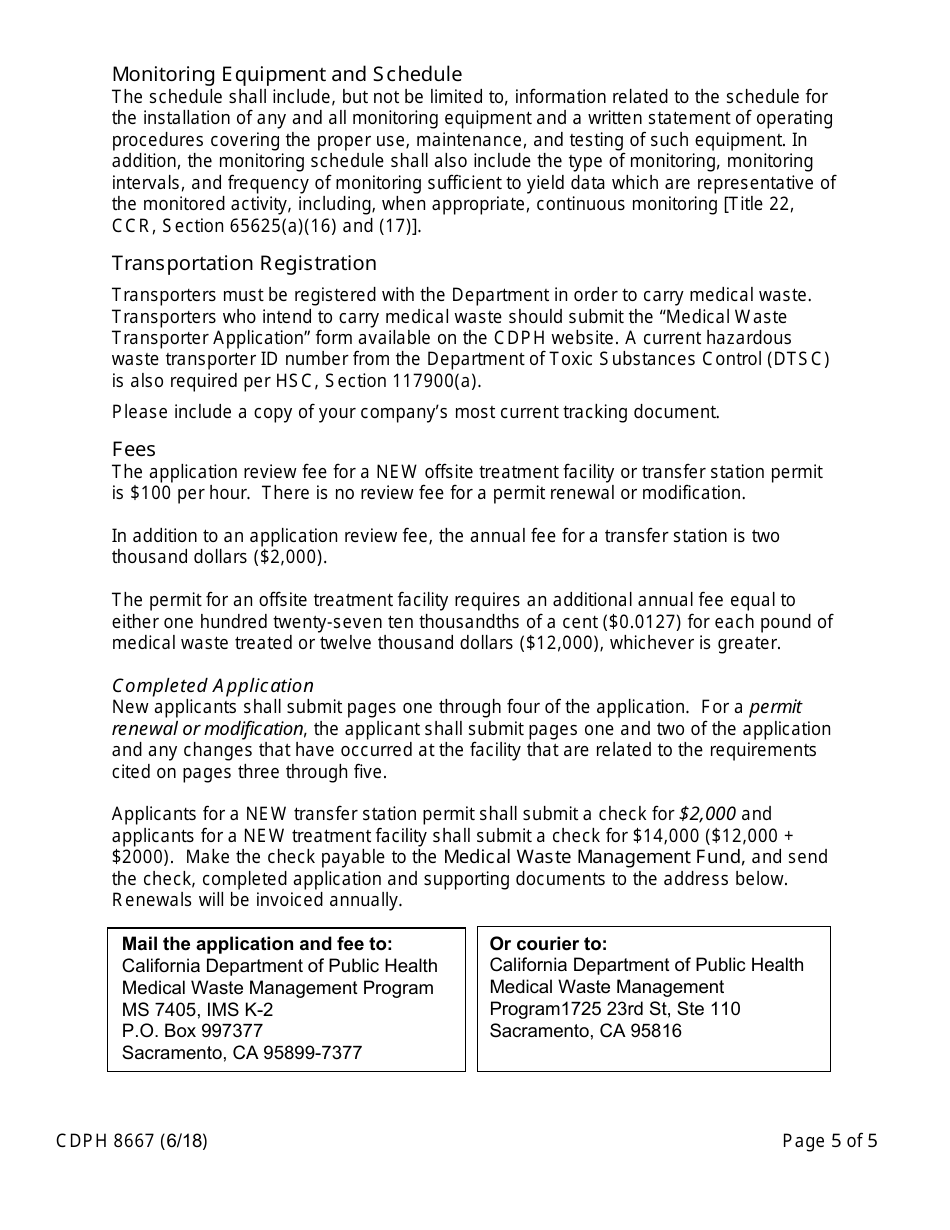 Form CDPH8667 Medical Waste Offsite Transfer Station and Treatment Facility Permit Application - California, Page 5